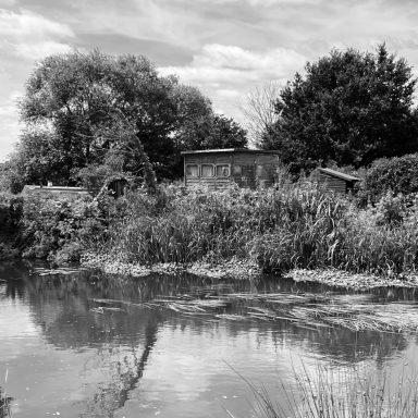 The boat shed Find a photograph of a boat shed on the River Wey canal.